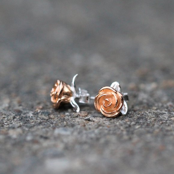 Rose Flower Earrings Rose Gold Flower Earrings Lovers Valentines day gift Her - Picture 2 of 12